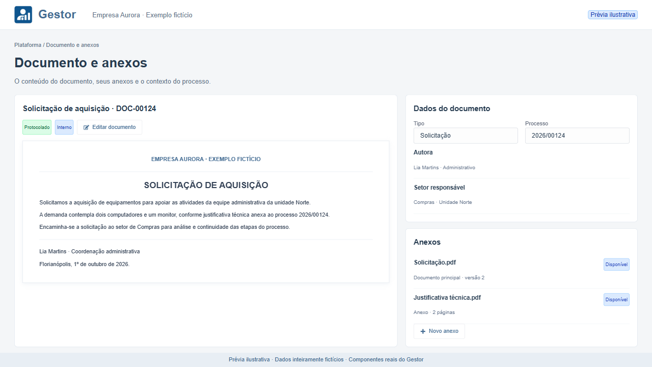 Prévia ilustrativa de um documento aberto com conteúdo, dados e anexos fictícios.